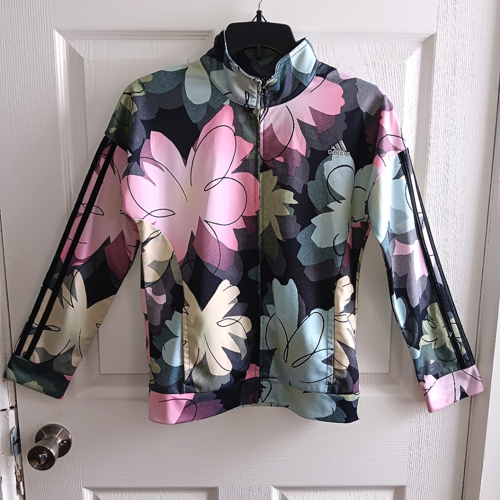 Adidas Floral Lightweight Jacket, GUC, size L / 14 YOUTH (Ages 7-12).